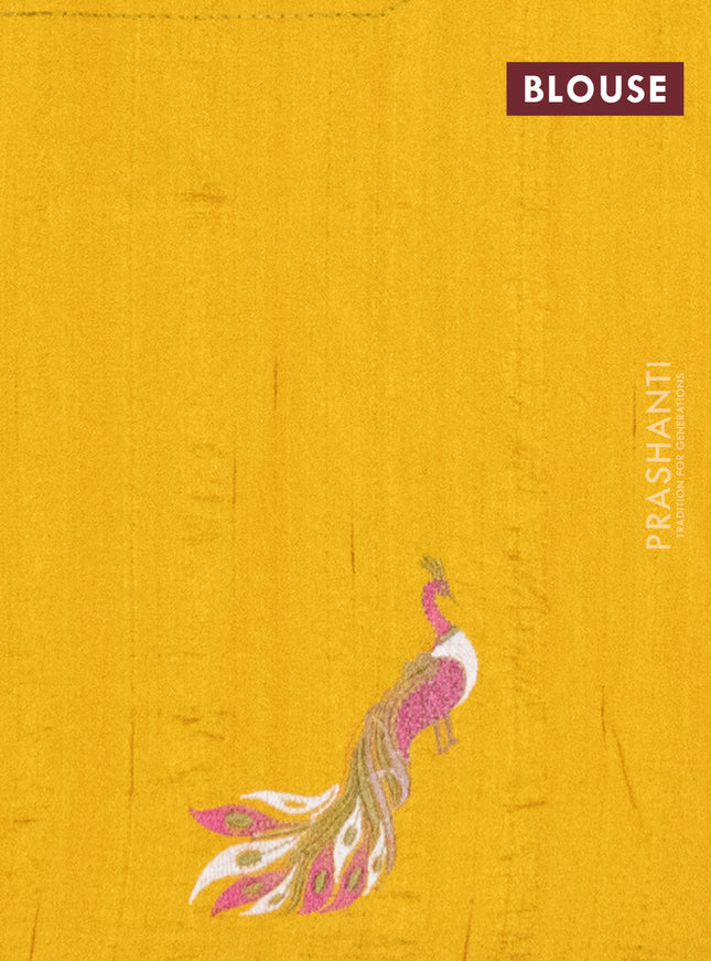 Semi raw silk saree mustard yellow with embroidery work buttas and peacock embroidery border