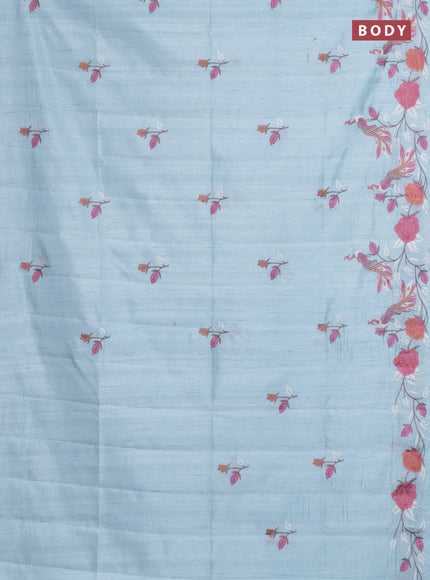Semi raw silk saree pastel blue with embroidery work buttas and peacock embroidery border