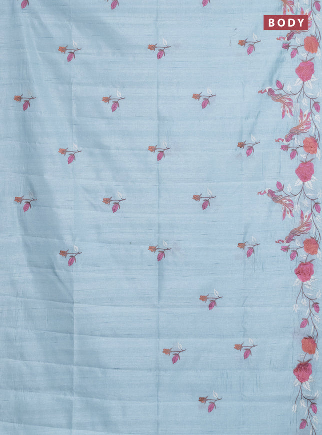 Semi raw silk saree pastel blue with embroidery work buttas and peacock embroidery border