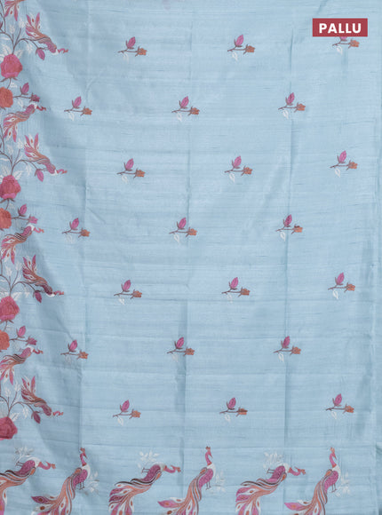 Semi raw silk saree pastel blue with embroidery work buttas and peacock embroidery border