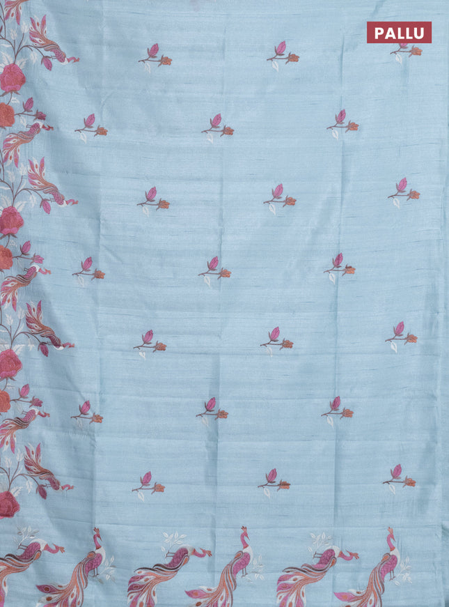 Semi raw silk saree pastel blue with embroidery work buttas and peacock embroidery border