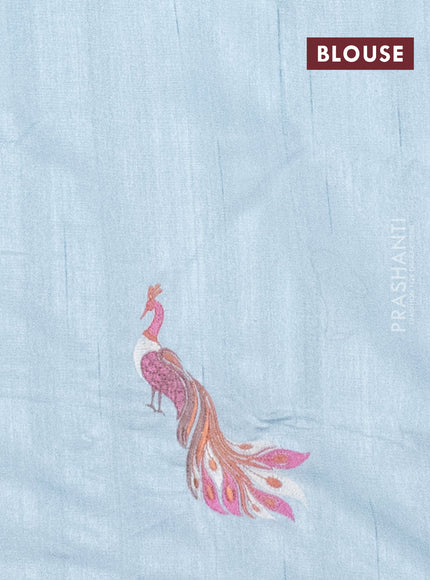 Semi raw silk saree pastel blue with embroidery work buttas and peacock embroidery border