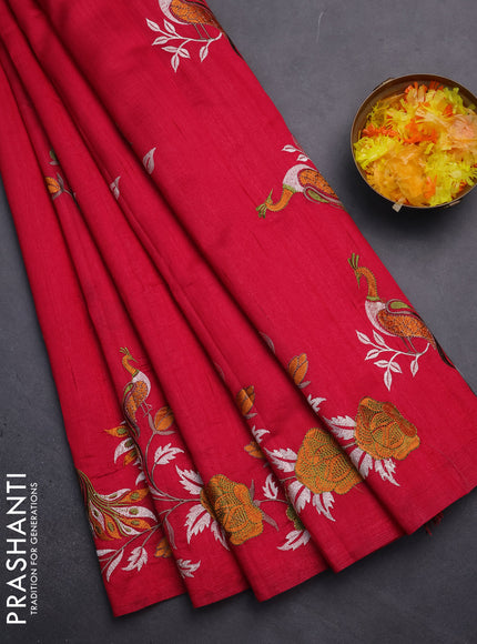 Semi raw silk saree dark pink with embroidery work buttas and peacock embroidery border