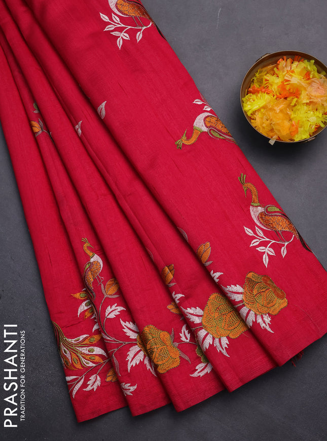 Semi raw silk saree dark pink with embroidery work buttas and peacock embroidery border