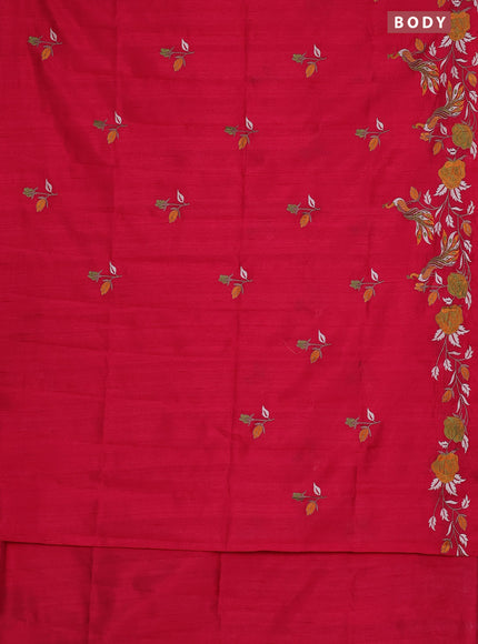 Semi raw silk saree dark pink with embroidery work buttas and peacock embroidery border