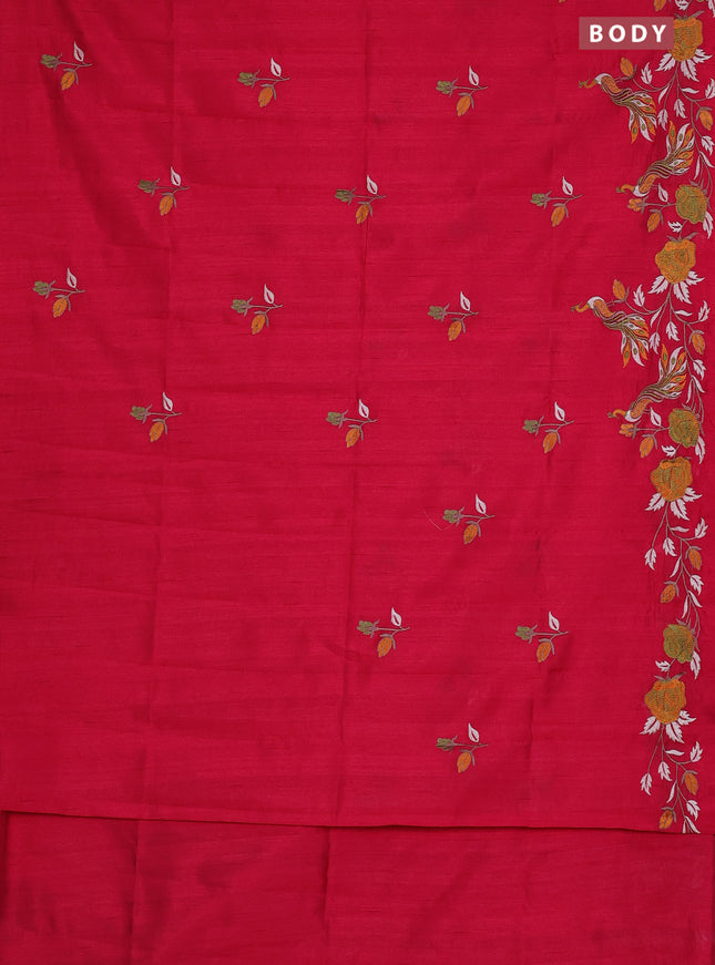 Semi raw silk saree dark pink with embroidery work buttas and peacock embroidery border
