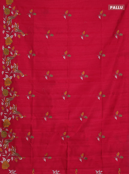 Semi raw silk saree dark pink with embroidery work buttas and peacock embroidery border