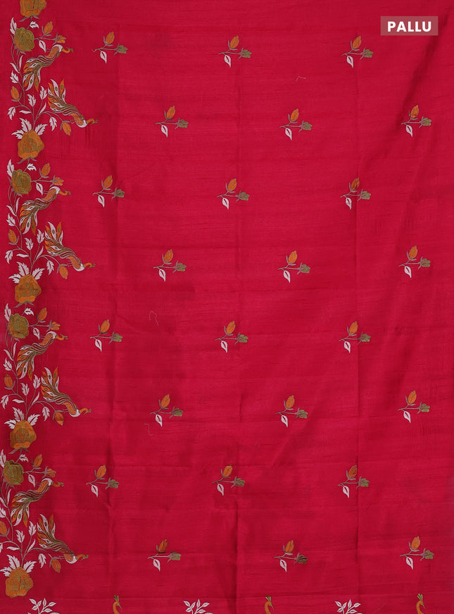 Semi raw silk saree dark pink with embroidery work buttas and peacock embroidery border
