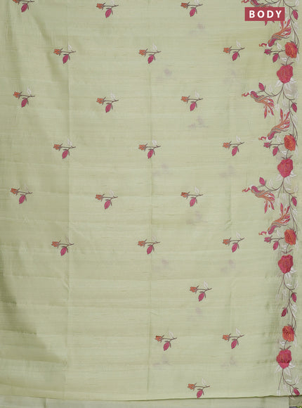 Semi raw silk saree pista green with embroidery work buttas and peacock embroidery border