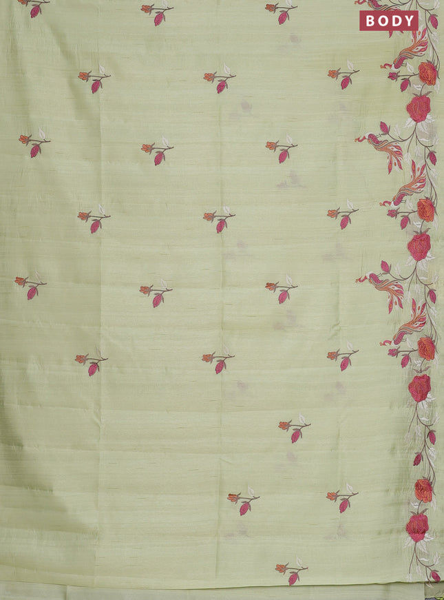 Semi raw silk saree pista green with embroidery work buttas and peacock embroidery border