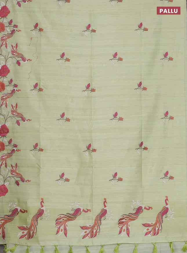 Semi raw silk saree pista green with embroidery work buttas and peacock embroidery border