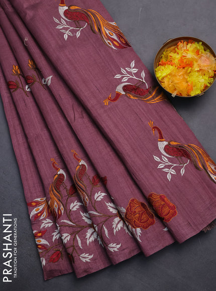 Semi raw silk saree rosy brown with embroidery work buttas and peacock embroidery border