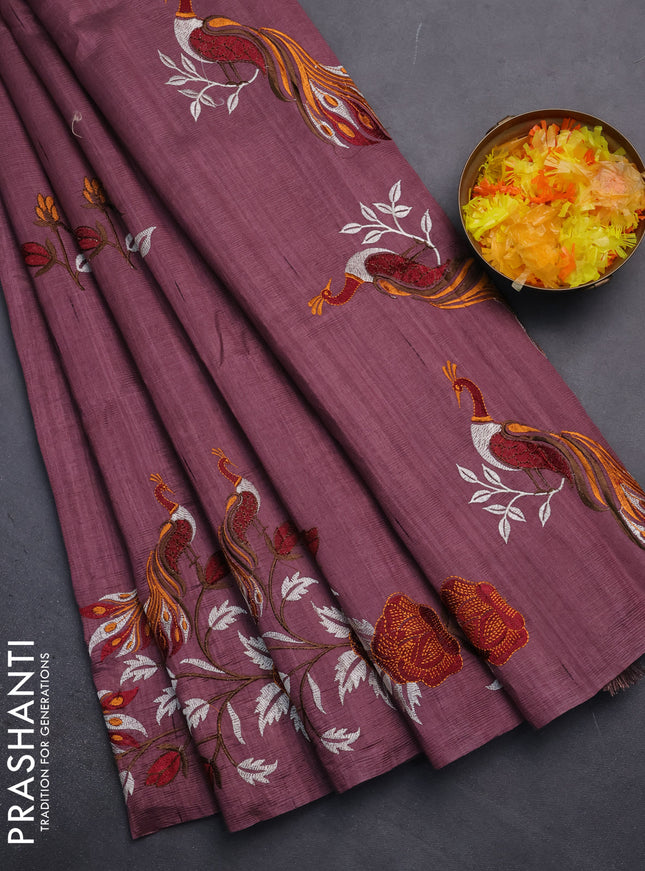 Semi raw silk saree rosy brown with embroidery work buttas and peacock embroidery border