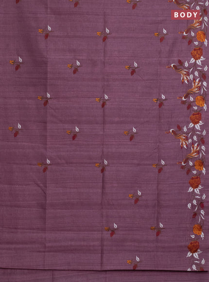 Semi raw silk saree rosy brown with embroidery work buttas and peacock embroidery border