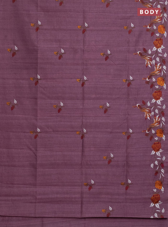 Semi raw silk saree rosy brown with embroidery work buttas and peacock embroidery border