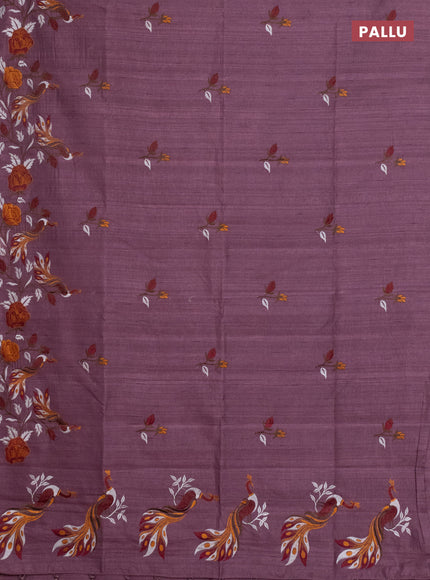 Semi raw silk saree rosy brown with embroidery work buttas and peacock embroidery border