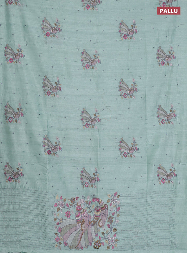 Semi raw silk saree pastel green with embroidery work buttas and peacock embroidery butta border