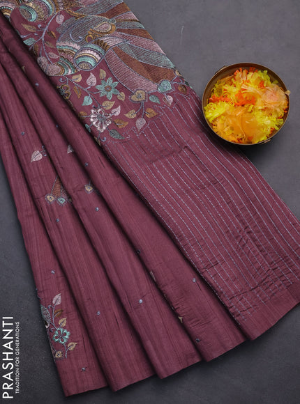 Semi raw silk saree rosy brown with embroidery work buttas and peacock embroidery butta border