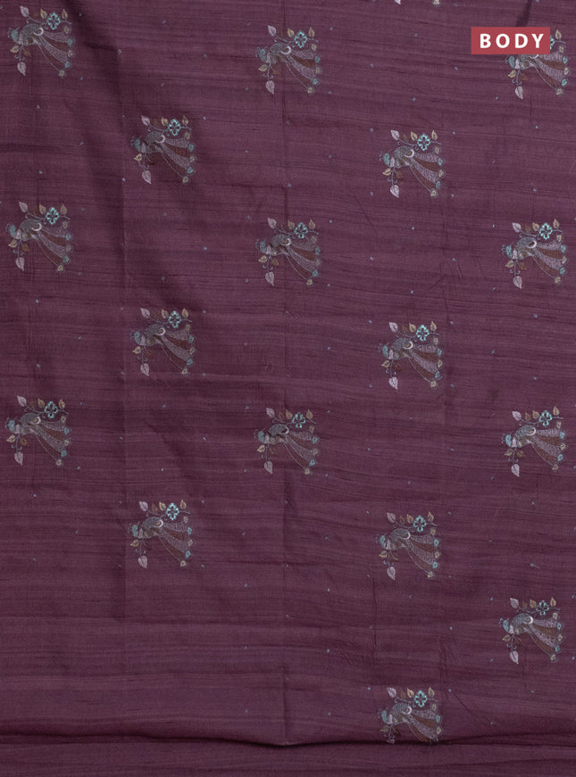 Semi raw silk saree rosy brown with embroidery work buttas and peacock embroidery butta border