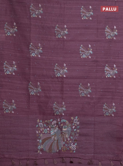 Semi raw silk saree rosy brown with embroidery work buttas and peacock embroidery butta border