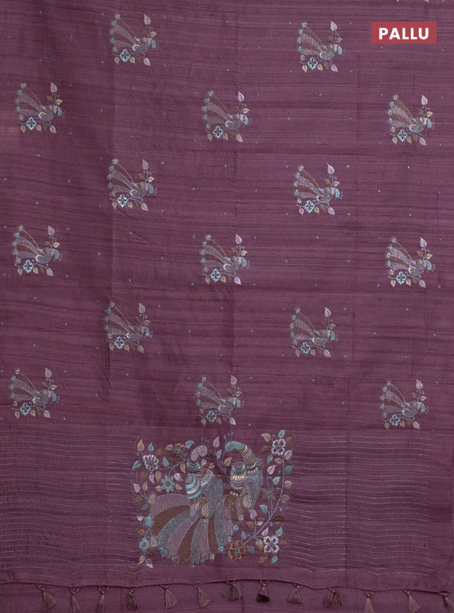 Semi raw silk saree rosy brown with embroidery work buttas and peacock embroidery butta border