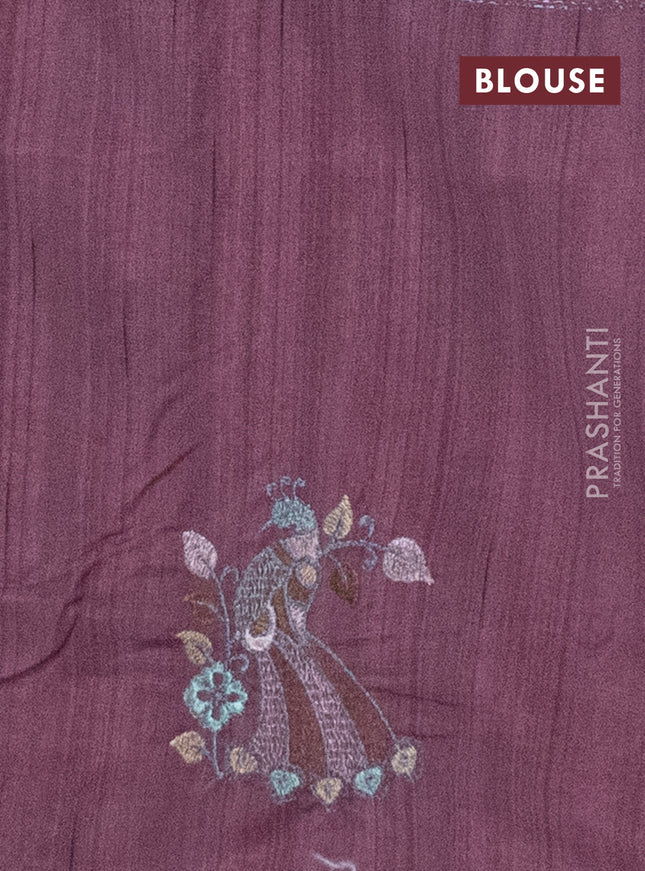 Semi raw silk saree rosy brown with embroidery work buttas and peacock embroidery butta border