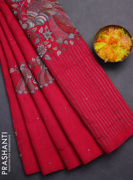 Semi raw silk saree dark pink with embroidery work buttas and peacock embroidery butta border