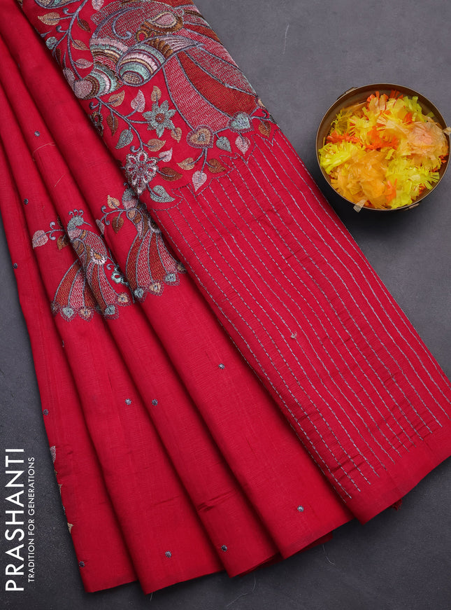 Semi raw silk saree dark pink with embroidery work buttas and peacock embroidery butta border