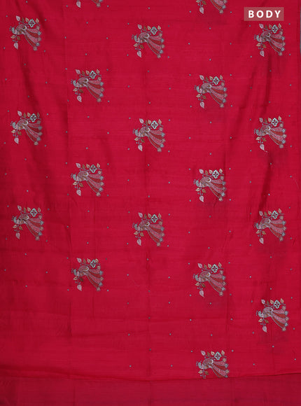Semi raw silk saree dark pink with embroidery work buttas and peacock embroidery butta border