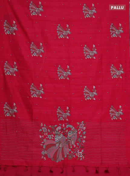 Semi raw silk saree dark pink with embroidery work buttas and peacock embroidery butta border