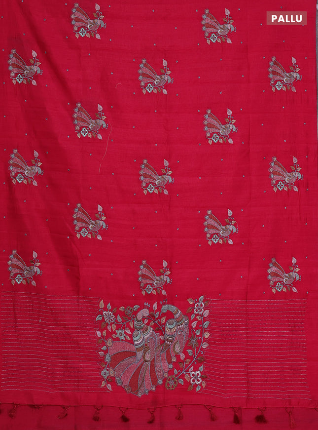 Semi raw silk saree dark pink with embroidery work buttas and peacock embroidery butta border