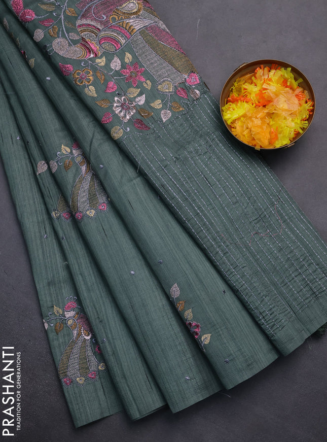 Semi raw silk saree greyish green with embroidery work buttas and peacock embroidery butta border
