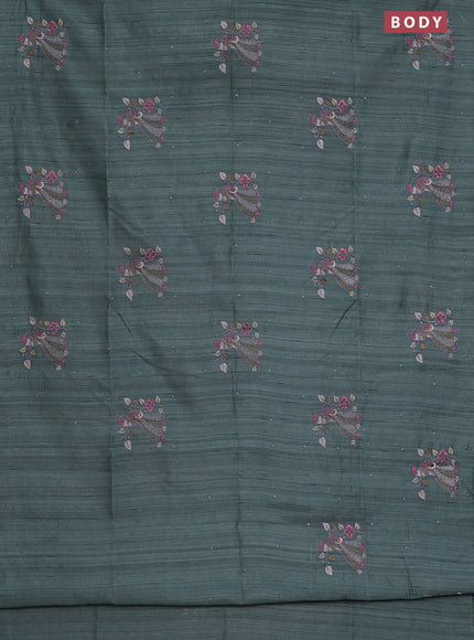 Semi raw silk saree greyish green with embroidery work buttas and peacock embroidery butta border