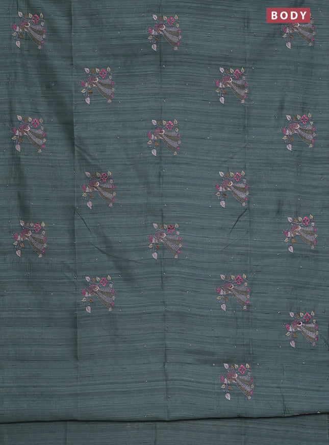 Semi raw silk saree greyish green with embroidery work buttas and peacock embroidery butta border