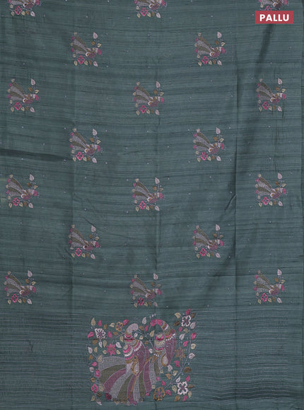 Semi raw silk saree greyish green with embroidery work buttas and peacock embroidery butta border