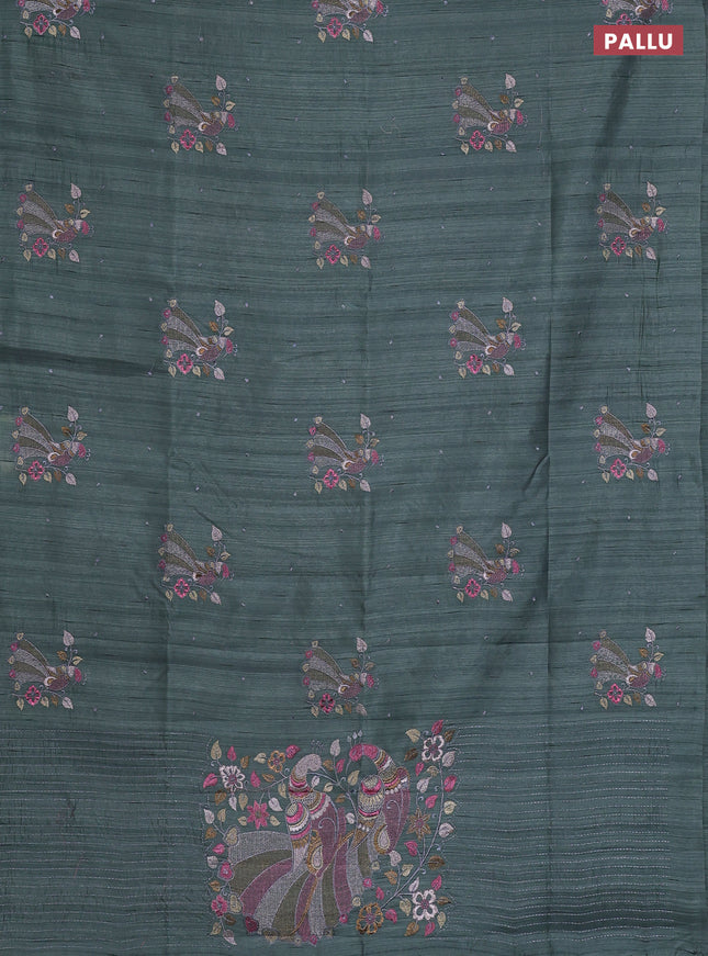 Semi raw silk saree greyish green with embroidery work buttas and peacock embroidery butta border