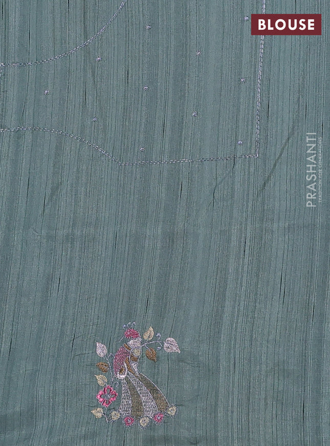 Semi raw silk saree greyish green with embroidery work buttas and peacock embroidery butta border