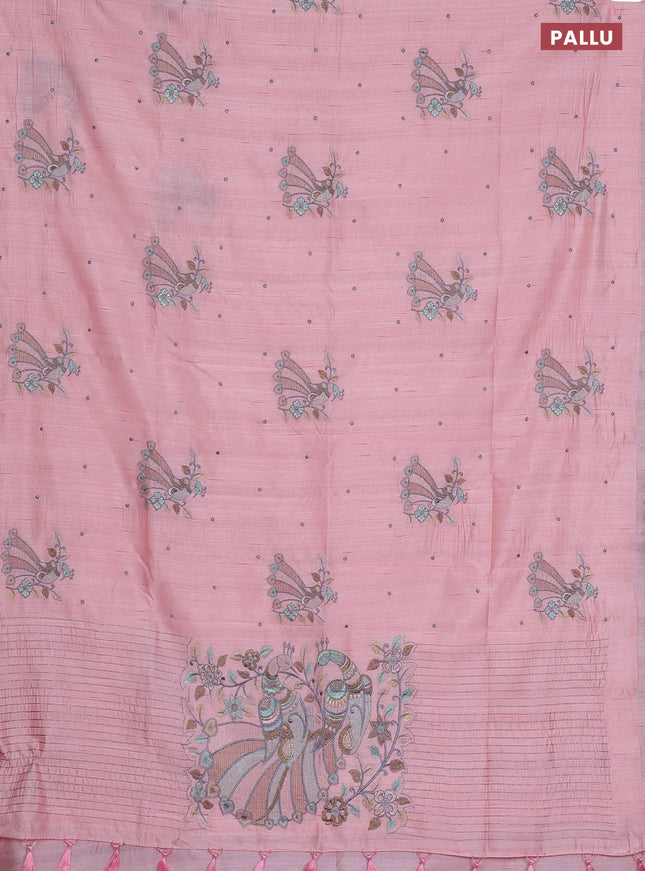 Semi raw silk saree peach shade with embroidery work buttas and peacock embroidery butta border