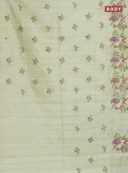 Semi raw silk saree pista green with embroidery work buttas and parrot design embroidery butta border