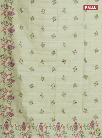 Semi raw silk saree pista green with embroidery work buttas and parrot design embroidery butta border