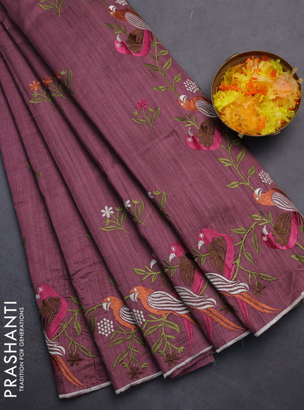 Semi raw silk saree pastel purple shade with embroidery work buttas and parrot design embroidery butta border