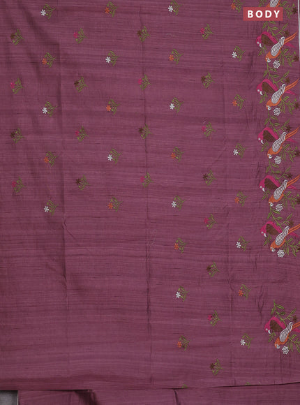 Semi raw silk saree pastel purple shade with embroidery work buttas and parrot design embroidery butta border