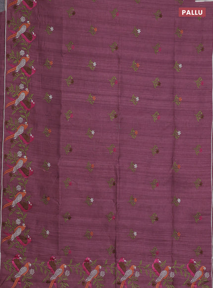 Semi raw silk saree pastel purple shade with embroidery work buttas and parrot design embroidery butta border