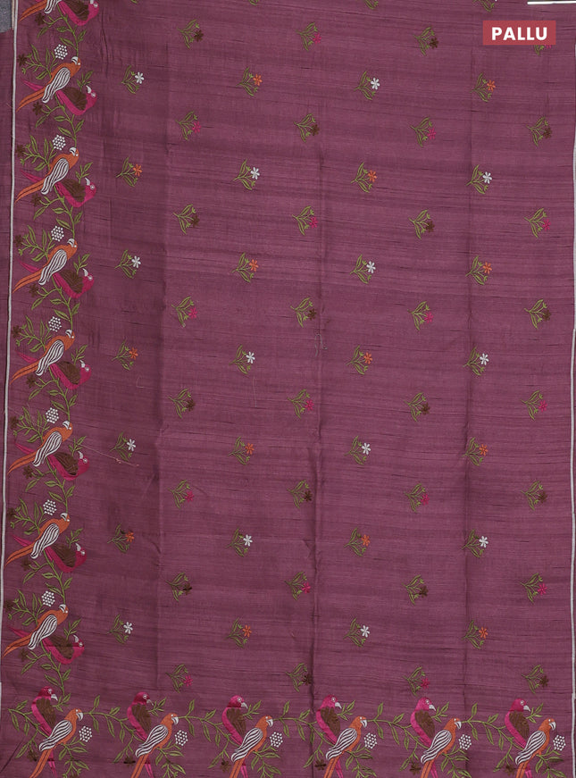 Semi raw silk saree pastel purple shade with embroidery work buttas and parrot design embroidery butta border