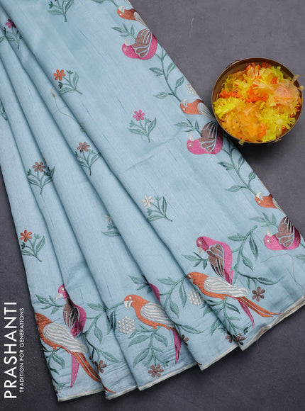 Semi raw silk saree pastel blue with embroidery work buttas and parrot design embroidery butta border