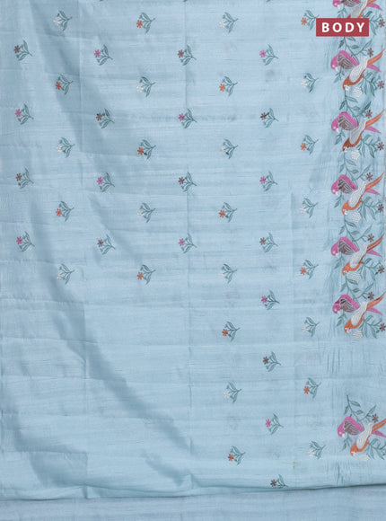 Semi raw silk saree pastel blue with embroidery work buttas and parrot design embroidery butta border