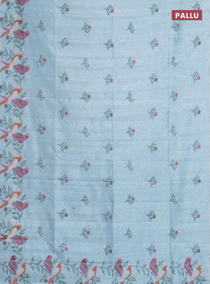 Semi raw silk saree pastel blue with embroidery work buttas and parrot design embroidery butta border