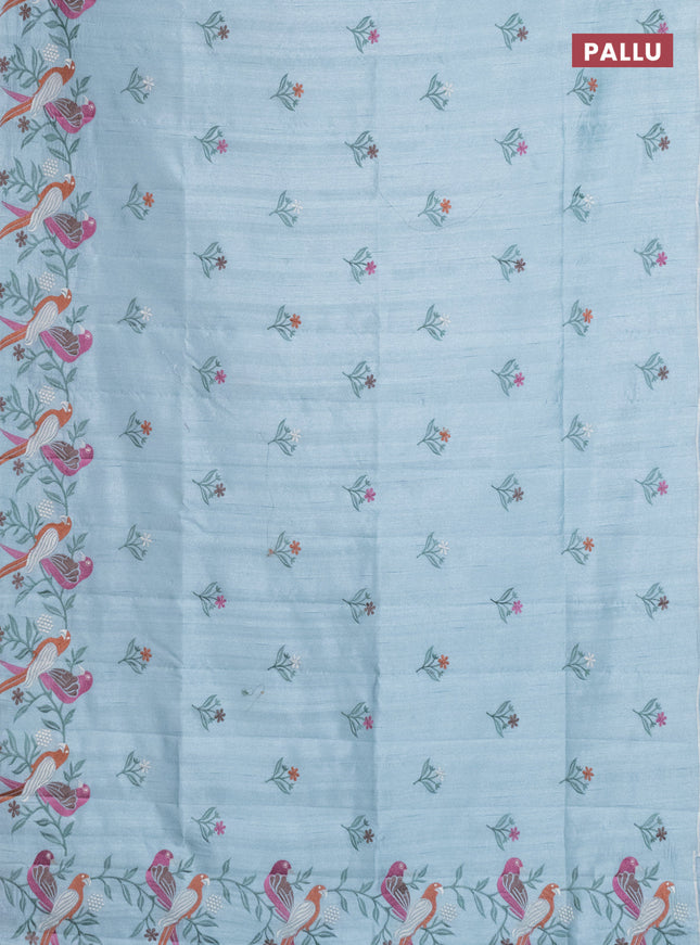 Semi raw silk saree pastel blue with embroidery work buttas and parrot design embroidery butta border