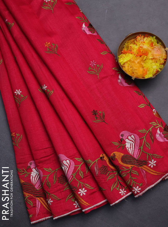 Semi raw silk saree dark pink with embroidery work buttas and parrot design embroidery butta border