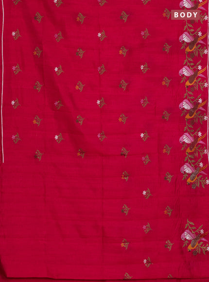 Semi raw silk saree dark pink with embroidery work buttas and parrot design embroidery butta border